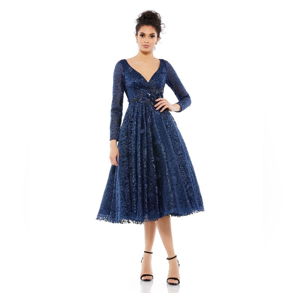 new Mac Duggal 112181 tea length embroidered lace floral midi dress in midnight